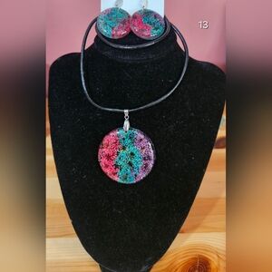Pink and Blue Artistic Pendant Necklace with Marbled Design